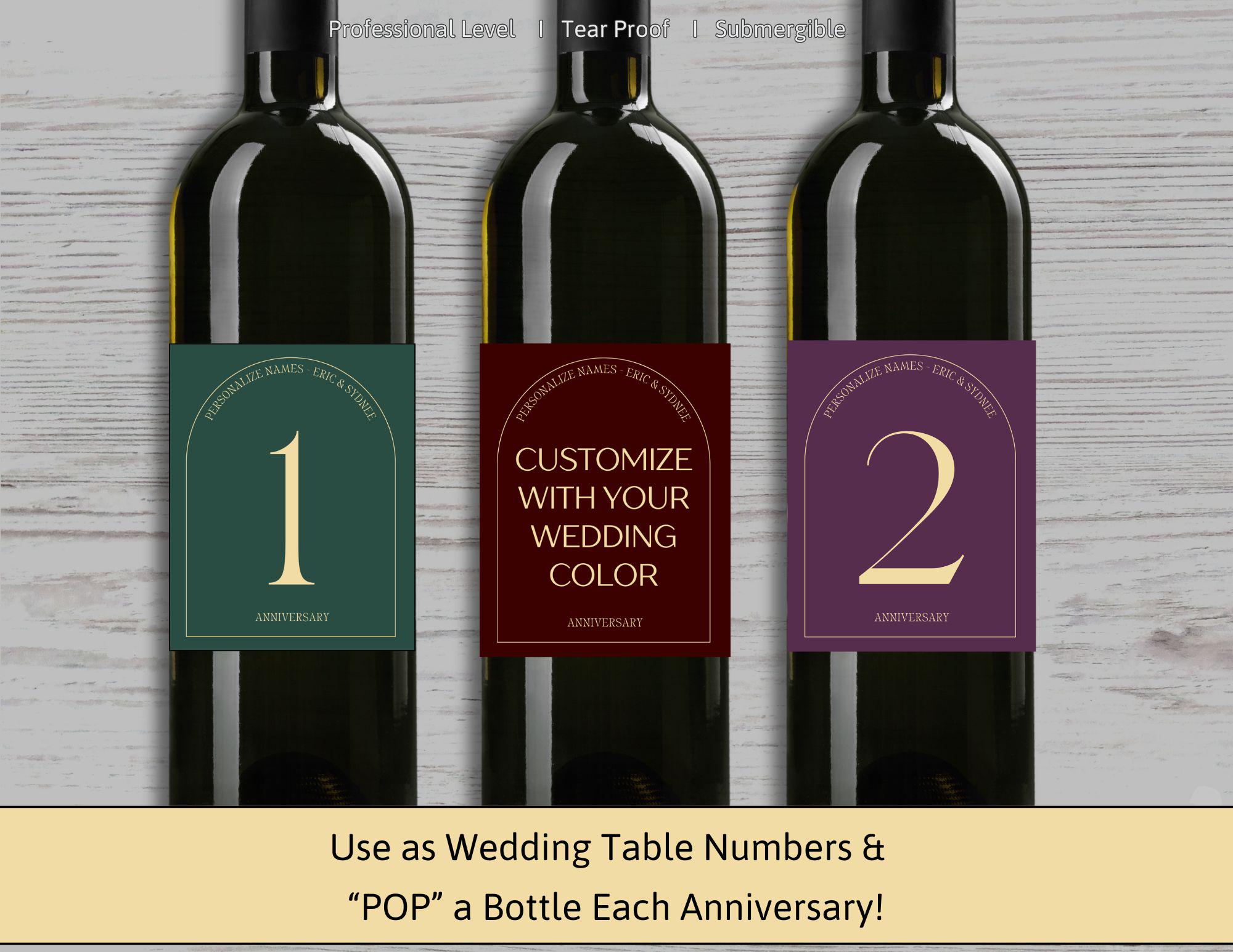 Personalized Wedding Table Numbers • Anniversary Bottle Labels • Green & Gold Arch • 1 - 100 • Custom Color Stickers • Wine • Champagne