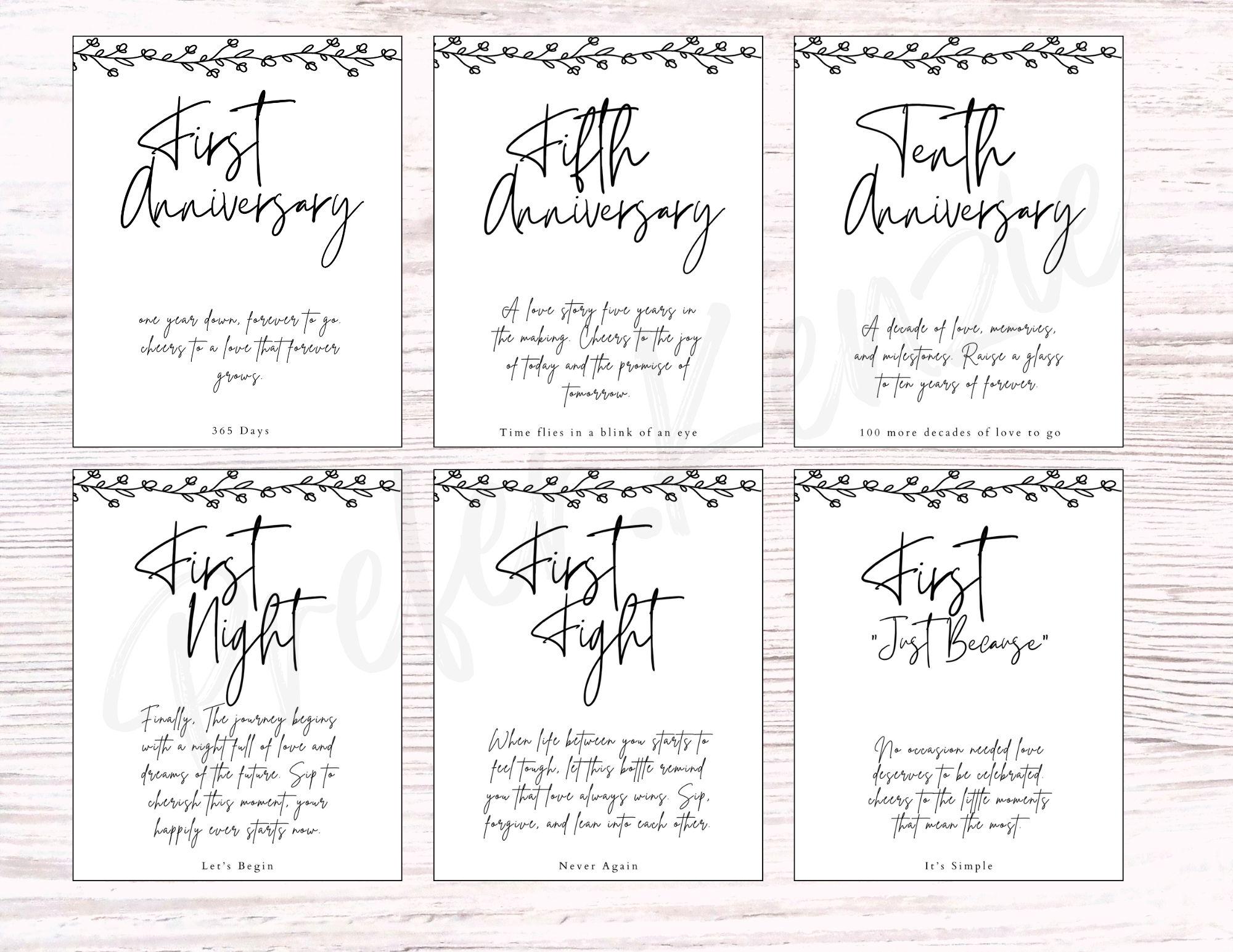 Vine Border Wedding Wine & Bottle Labels • Marriage Milestone • 12 Unique Designs •  12 Pack • Wine •  Beer • Mini Sizes - Thumbnail 5