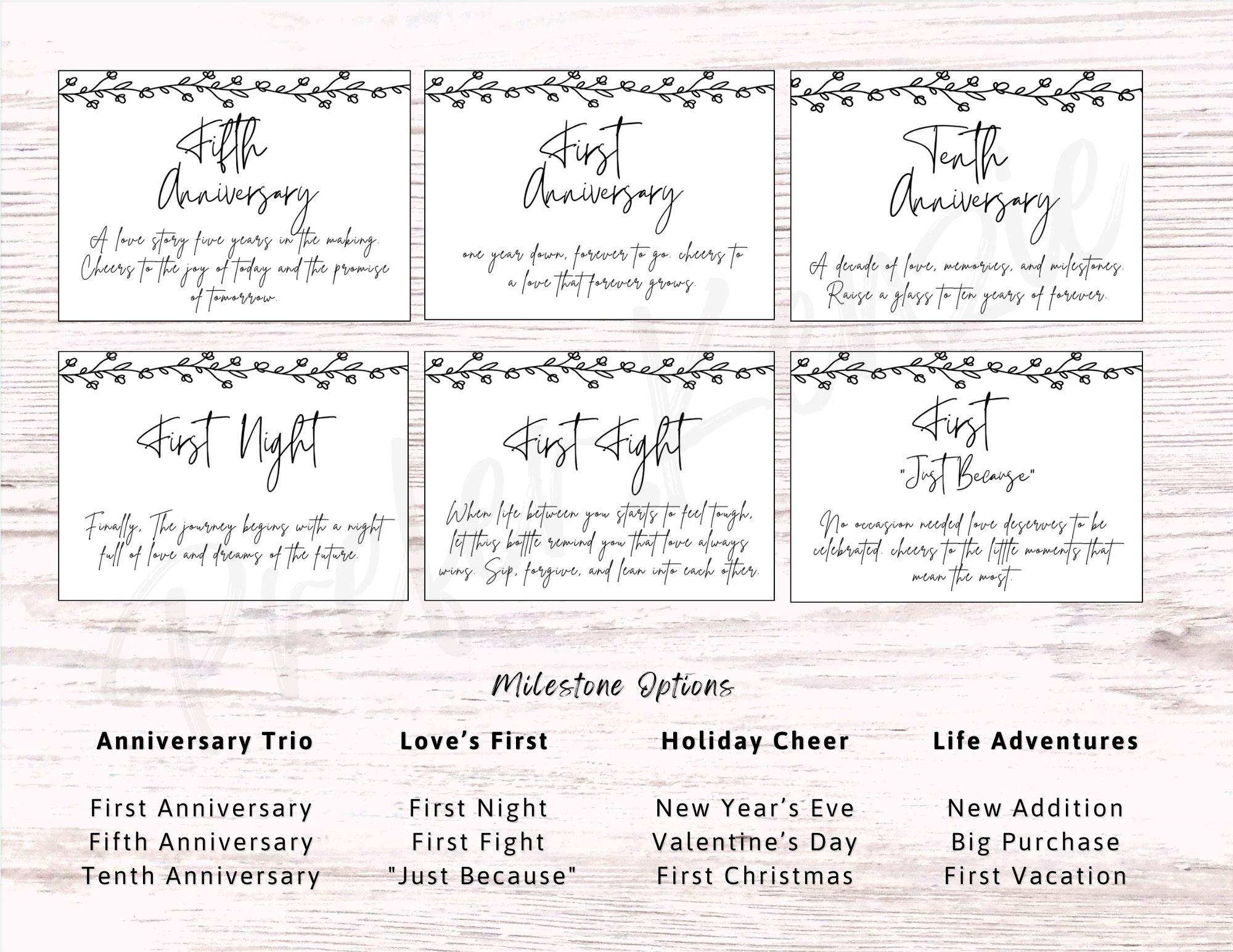 Vine Border Wedding Wine & Bottle Labels • Marriage Milestone • 12 Unique Designs •  12 Pack • Wine •  Beer • Mini Sizes - Thumbnail 4