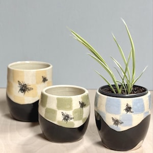 Handmade Ceramic Planter with Bee Design in Blue, Yellow, or Green. 3-inch.