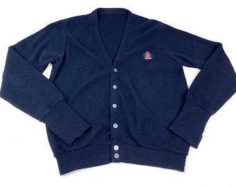 Vintage Izod Cardigan Sweater Mens Size Medium Navy Blue Grandpa Casual AB0034