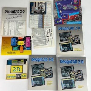 May include: A collection of vintage software manuals and documentation for DesignCAD 2-D and 3-D, including a quick reference guide, installation and tutorial manuals, an order form, and a software diskette with a yellow and black label.