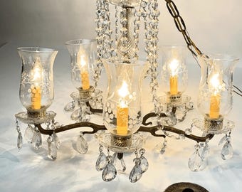 Vtg 1960s Spanish Revival Brass & Crystal Prisms 5 Arm Candelabra Chandelier 21i