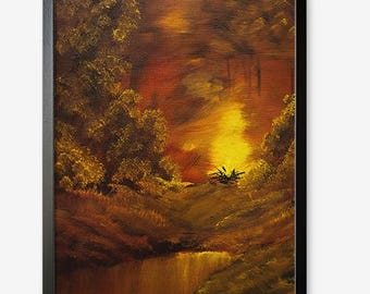 Bob Ross-Inpiriert, Lagerfeuer, Gelb, Rot, Feuerreflexion am Wasser, knisterndes Feuer, Nachtszene, Herbst, Blätterwechsel, Poster, Wandkunst