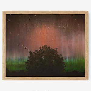 Magisches Aurora Ölgemälde, Aurora Borealis, Wandkunst, Nachtszene, Öl auf Leinwand, Digitaldruck, Poster, Grün, Lila, Sternenhimmel, Bäume