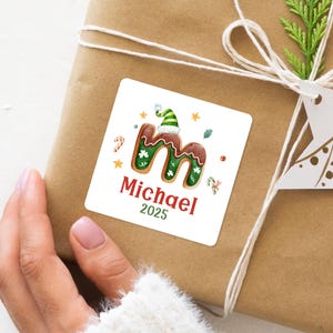 Personalized Christmas Name Stickers, Custom Santa Monogram Labels, Gingerbread Letter Xmas Gift Tags, Festive Holiday Stickers for Kids
