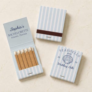Seashell Beach Bach Matchbooks, Custom Coastal Wedding Favors, Bridal Favors, Candle Matches, Seashells & Wedding Bells Bachelorette Party