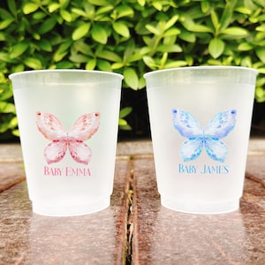 25 Baby Shower Party Cups, Custom Cups, Personalized Frosted Cups, Butterfly Baby Shower Decor, Gender Reveal Party Decor, Custom Baby Name