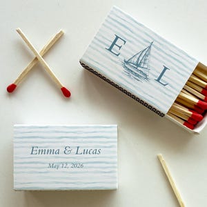 Personalized Beach Wedding Striped Matchboxes, Custom Coastal Sailboat Party Favors, Nautical Coastal Guest Gifts, Engagement Party Decor