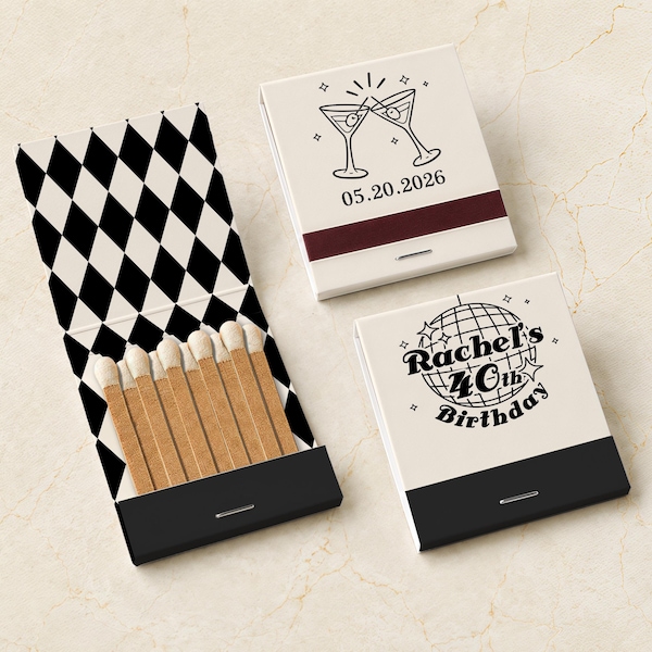 Personalized Birthday Matchbooks, Custom Disco Ball Martini Party Matches, 30th 40th Birthday Favors, Retro Milestone Celebration Decor