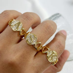 Anillo de oro personalizado con inicial de corazón y letra para mujer, chapado en oro de 14 quilates, anillo ajustable con letra de diamantes de imitación, regalo con nombre personalizado, joyería hecha a mano.