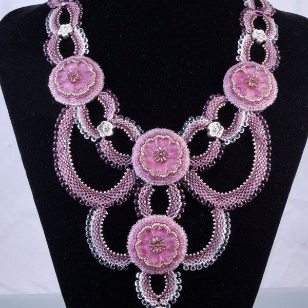 Bahay Gardens Necklace, Beadweaving Necklace, Lilac Flower Glass Buttons, OOAK