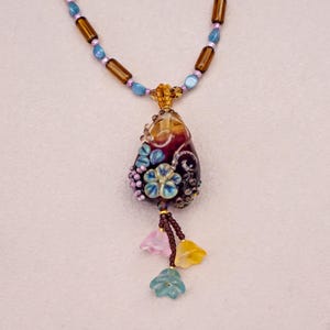 Beadwork Floral Jewelry Set - Handmade Necklace with Artisan Lampwork Pendant - Beaded Glass Earrings - Pink Light Blue Gold Jewelry