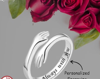 925 Sterling Silver Hug Ring - Adjustable Minimalist Stackable Ring, Personalized Hugging Hand Ring, Cute Gift for Her, Birthday Love