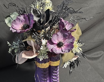 Witch Boot Halloween Floral Arrangement: Purple & Black Glitter Glam