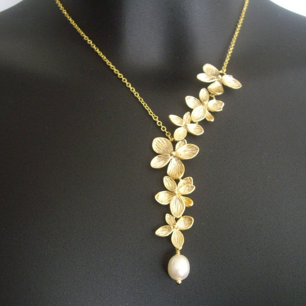 Flower Lariat Necklace, Asymmetrical Necklace, Bridesmaid Necklace, Wedding Jewelry, Gift