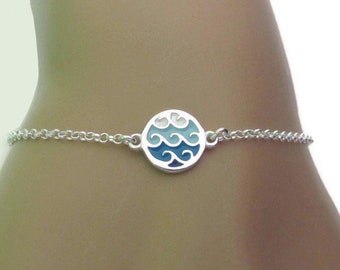 Tiny Enamel wave Bracelet, Sterling Silver Bracelet, Wave Jewelry, gifts for her, Bracelets for Women, Minimalist Bracelet