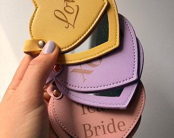 Personalized Heart Leather Keychain – Engraved Name Bag Charm with Mirror