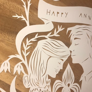 May include: A white paper cut-out art piece featuring a couple embracing, with a floral design and the words "HAPPY ANN" cut into a banner. The artwork is set against a wooden background.