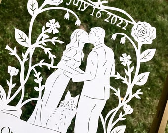 Paper Anniversary Gift, Hand Cut Paper Art, One Year Anniversary Paper Cut Art, Anniversary with Dog, Custom Paper Cut Art, Romantic Wedding