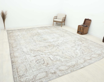 Large Beige Oushak Rug, Vintage Turkish Area Rug 9.9x12.3 Ft
