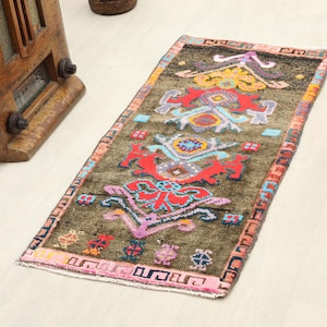 1x3 Black Red Vintage Small Rug, 1x3 Handmade Turkish Rug, Oushak Small Rug, Kitchen, Bathroom, Entryway Mat, Small Home Decor,Kilim Dormat