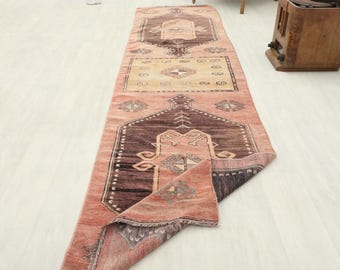 Vintage Turkish Oushak Runner Rug 2'6x10'4 ft, Handmade Wool Hallway Staircase Corridor Rug, Long Home Decor, Natural Red and Brown Design