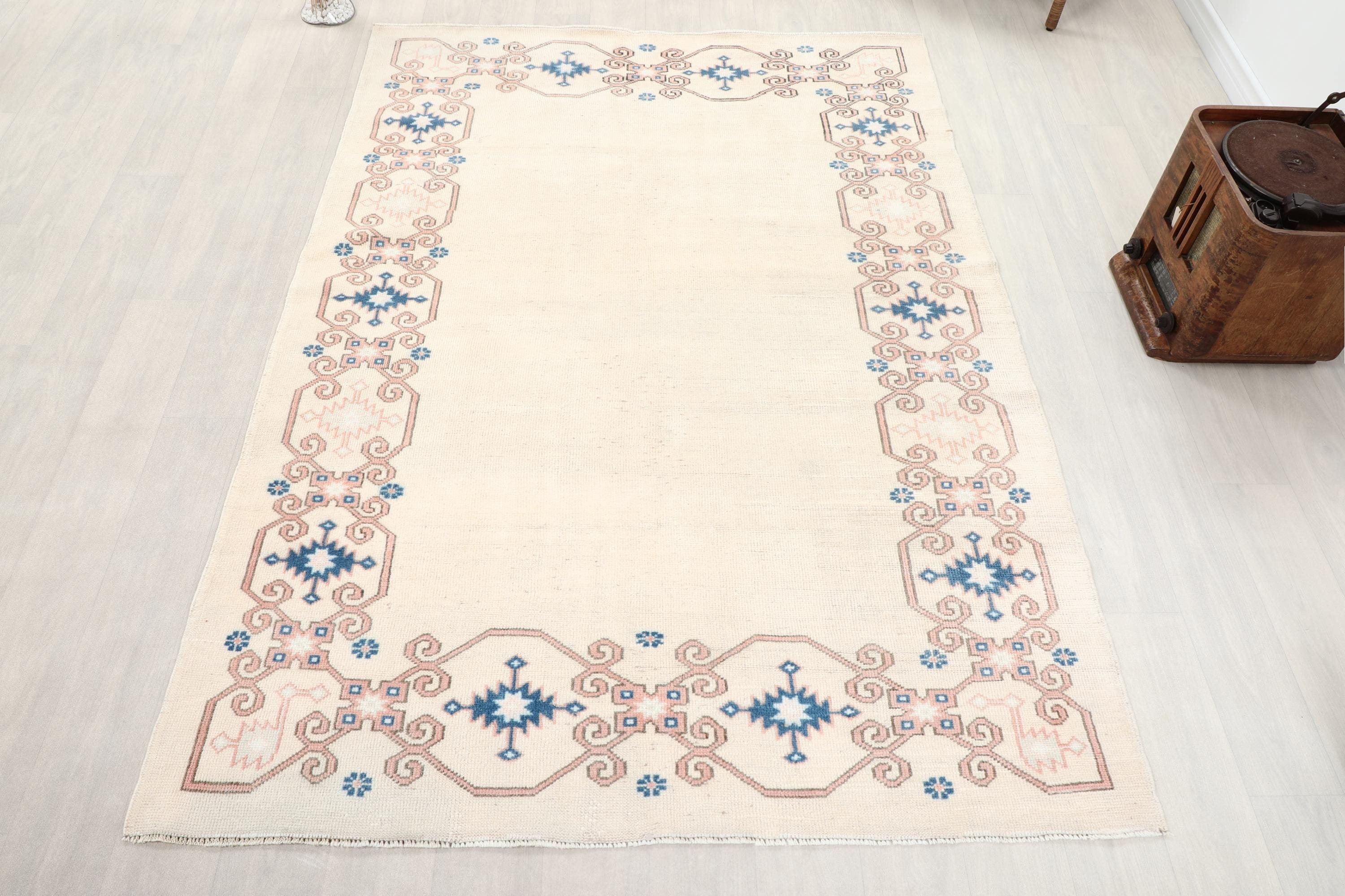 6x8 Beige Turkish Rug, Vintage Blue Rug, 6x8 Oushak Rug, Living