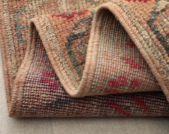 3x14 Beige Red Turkish Runner, 3x14 Vintage Runner, Hallway Runner Rug, Handmade Rug, Kitchen Rug, Oushak Runner, Home Decor, Corridor Rug