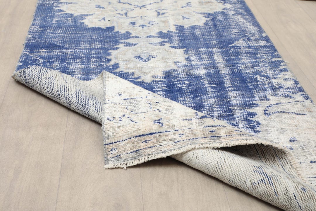 3x9 Beige Blue Vintage Small Rug, 3x9 Handmade Turkish Rug, Oushak ...