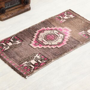 1x3 Brown Pink Turkish Small Rug, 1x3 Handmade Vintage Rug, Oushak Small Rug, Kitchen, Bathroom, Entryway Mat,Small Home Decor, Kilim Dormat
