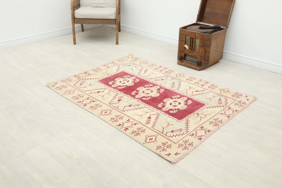 4x5 Purple Beige Vintage Rug, 4x5 Turkish Rug, Handmade Area Rug ...