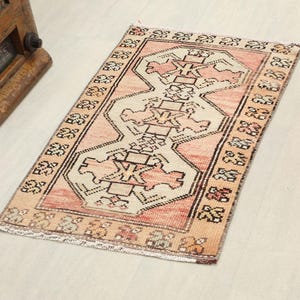 2x2 Ft Vintage Turkish Wool Rug | Neutral Orange Beige Geometric Pattern | Boho Farmhouse Entryway Kitchen Bath Decor