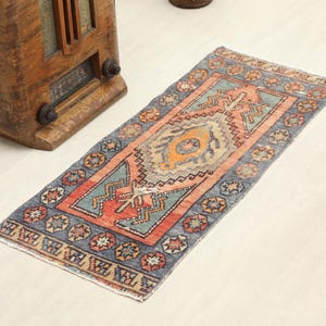 1x3 Red Blue Turkish Small Rug, 1x3 Handmade Vintage Rug, Oushak Small Rug, Kitchen, Bathroom, Entryway Mat, Small Home Decor, Kilim Dormat