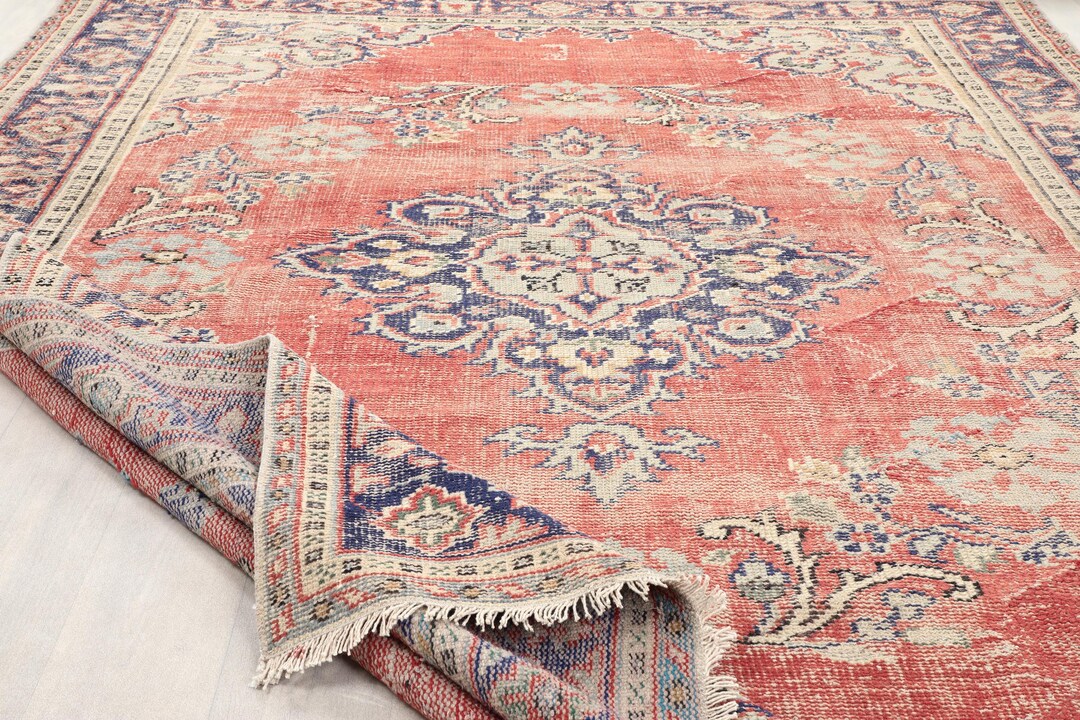 8x11 Red Turkish Rug, Floral Vintage Rug, 8x11 Oushak Rug, Living