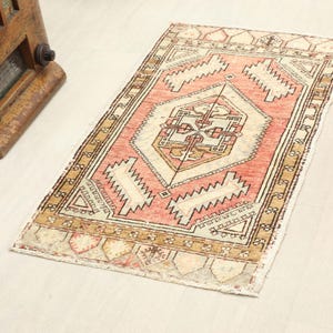 1x3 Red Beige Vintage Small Rug, 1x3 Handmade Turkish Rug, Oushak Small Rug, Kitchen, Bathroom, Entryway Mat, Small Home Decor,Kilim Dormat