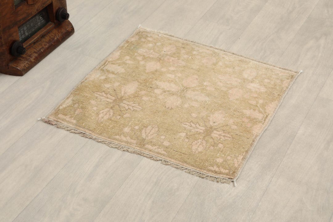2x2 Beige Brown Vintage Small Rug, 2x2 Handmade Turkish Rug, Oushak ...