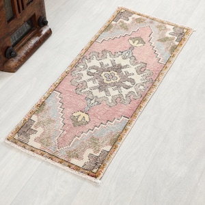 1x3 Pink Gray Turkish Small Rug, 1x3 Handmade Vintage Rug, Oushak Small Rug, Kitchen, Bathroom, Entryway Mat,Small Home Decor,Kilim Dormat