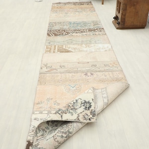 Peut inclure: Un tapis de couloir rectangulaire en patchwork beige et multicolore. Le tapis présente divers motifs et textures dans des tons beige, marron et bleu. Le tapis est partiellement enroulé, révélant un motif floral détaillé sur le dessous.