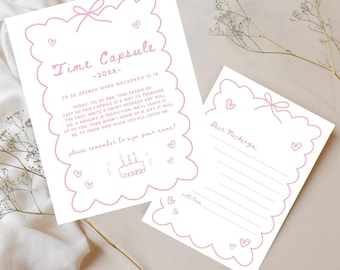 May include: A printable time capsule template with pink hearts and a handwritten message to be opened when Mackenzie is 18. The text reads "Time Capsule - 20XX - To be opened when Mackenzie is 18. Today, I'll be one. Time passes so fast so this capsule is a way to treasure the past. Write a sweet message to any will do, a memory, a prediction, we'll leave it up to you. Then when I grow up a gift will be, to know how much you all loved me. Please remember to sign your name!"  The second page is a letter template with the text "Dear Mackenzie, with love, ".
