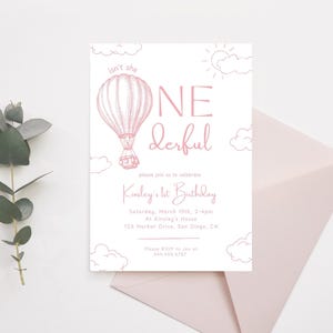Isn&#39;t She ONEderful Birthday Party Invitation | Digital Download | Pink Hot Air Balloon Girl 1st Birthday Invite | Editable Canva Template