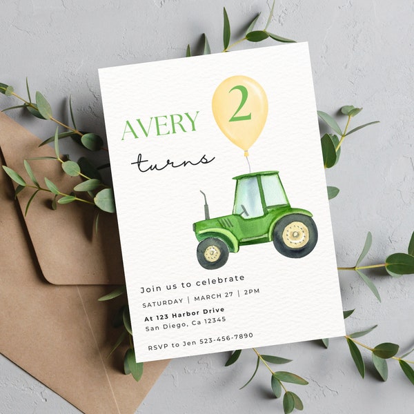 Editable Green Tractor Birthday Party Invitation | Instant Download | Printable Tractor Invitation | Boy 1st Birthday | Farm Themed Birthday