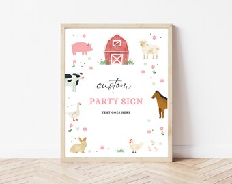 Könnte beinhalten: Ein druckbares Partyschild im rosa-weißen Bauernhof-Stil. Das Schild zeigt einen roten Stall, ein Schwein, eine Kuh, ein Schaf, ein Pferd, eine Gans, ein Kaninchen, ein Huhn und Küken. Der Text auf dem Schild lautet "custom party sign text goes here".