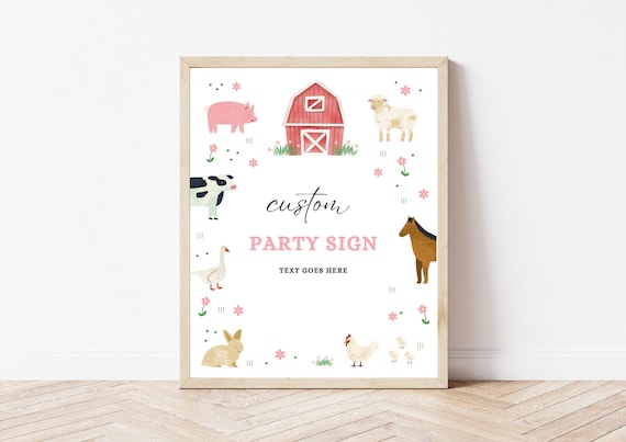 Farm Birthday Custom Party Sign | Digital Download | Farm Animal Themed Party | Editable Canva Template | Girl Pink Barnyard Party