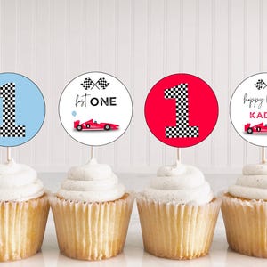 Red Race Car Birthday Party Cupcake Toppers | Fast One Racing Party | Instant Download | Editable Canva Template | Boy Race Car 1st Birthday