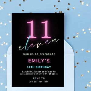 Neon Rainbow 11th Birthday Party Invitation | 11th Birthday Invite | Editable Canva Template | Tween Neon Birthday Party | Instant Download