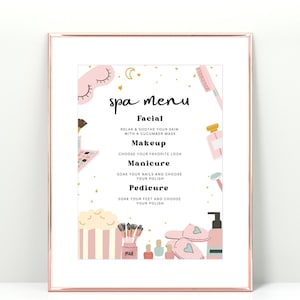 Spa & Sleepover Birthday Party Menu Sign | Digital Download | Girl Slumber Party | Glam Makeup, Mani Pedi, Spa  | Editable Canva Template