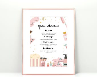 Op de afbeelding: Een roze en gouden spa-menu met illustraties van verschillende spa-artikelen, waaronder een slaapmasker, make-upkwasten, nagellak en slippers. De tekst luidt "spa menu" en somt diensten op zoals gezichtsbehandeling, make-up, manicure en pedicure.
