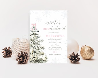 Christmas Winter ONEderland Birthday Party Invitation | Digital Download | Christmas Girl 1st Birthday Invitation | Editable Canva Template