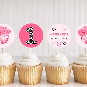 Disco Cowgirl 1st Birthday Party Cupcake Toppers | Instant Download | Disco Cowgirl Party | Space Cowgirl  Cake Toppers | Editable Template